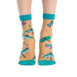 Chaussette haute fantaisie libellules turquoise