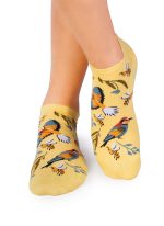 Chaussette haute fantaisie bambou avec motifs oiseaux et fleurs jaune pastel